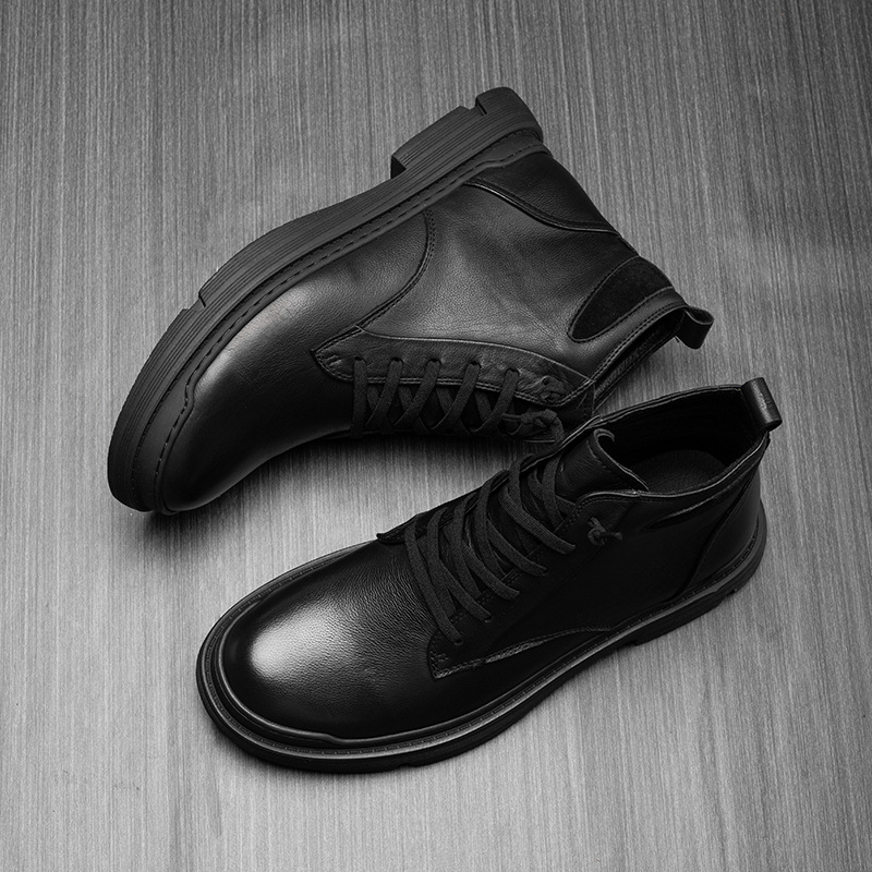 Ghete Martin pentru bărbați, piele de vițel de primă calitate, căptușite cu fleece, înălțime până la gambe, șiret frontal, talpă din cauciuc