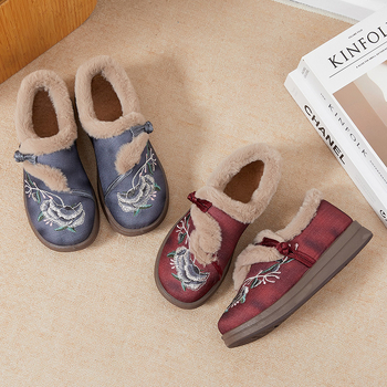 Ženske pamuk slip-on cipele s plišastom podstavom, ravna gumena potplata, okrugli vrh