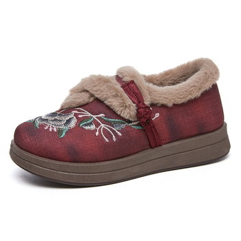 Ženske pamuk slip-on cipele s plišastom podstavom, ravna gumena potplata, okrugli vrh