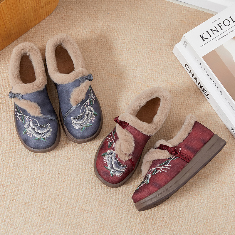 Ženske pamuk slip-on cipele s plišastom podstavom, ravna gumena potplata, okrugli vrh
