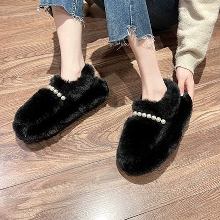 Ženske zimske cipele od PU kože s pliš unutrašnjošću, slip-on, okrugli vrh, srednja peta 3-5 cm, korejski stil
