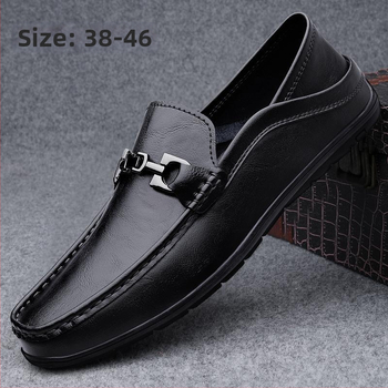 Loafers slip-on pentru bărbați, din piele split, vârf pătrat, toc plat, talpă din cauciuc, branț PU