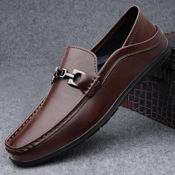Loafers slip-on pentru bărbați, din piele split, vârf pătrat, toc plat, talpă din cauciuc, branț PU