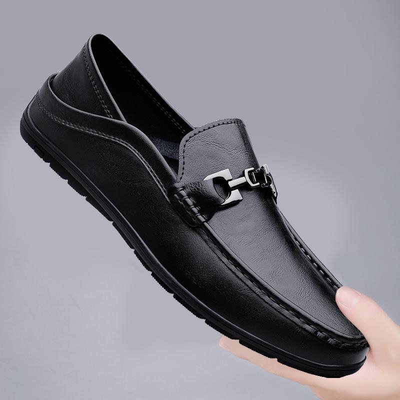 Loafers slip-on pentru bărbați, din piele split, vârf pătrat, toc plat, talpă din cauciuc, branț PU