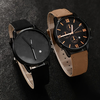 Ceas de bărbați quartz analog cu calendar și curea PU, rezistență la apă 10 m