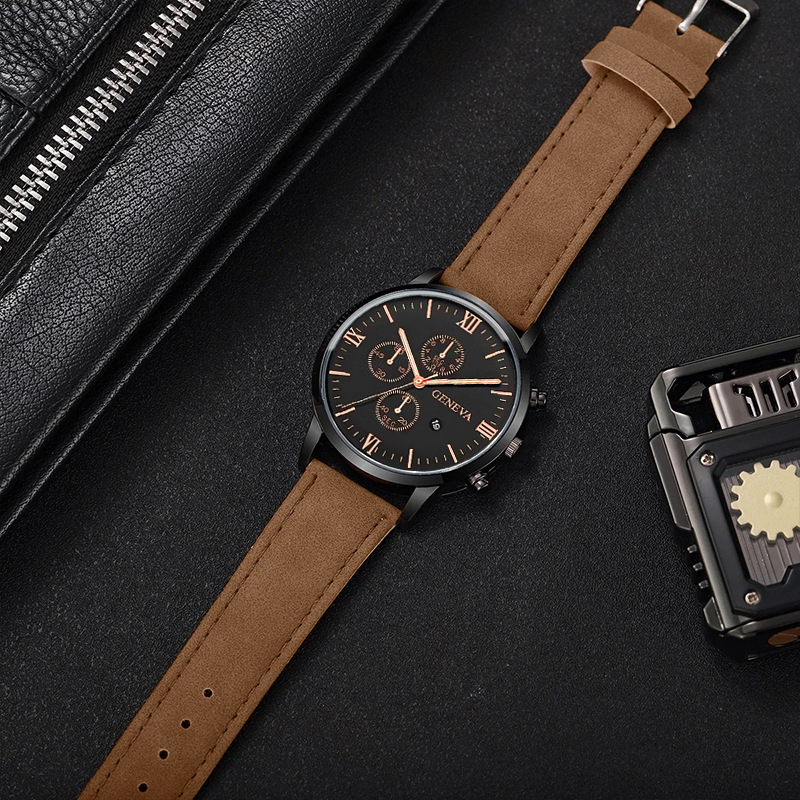 Ceas de bărbați quartz analog cu calendar și curea PU, rezistență la apă 10 m