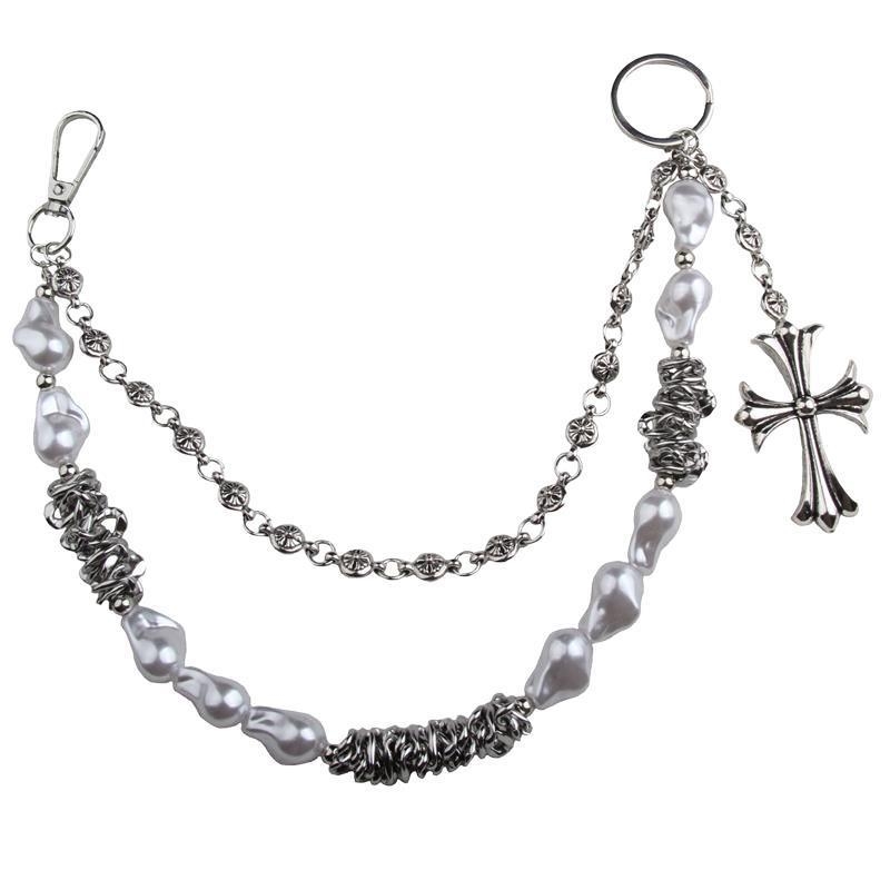 Maišo/pečių dirželis su perlų kryžiaus motyvu ir dvigubo sluoksnio grandine