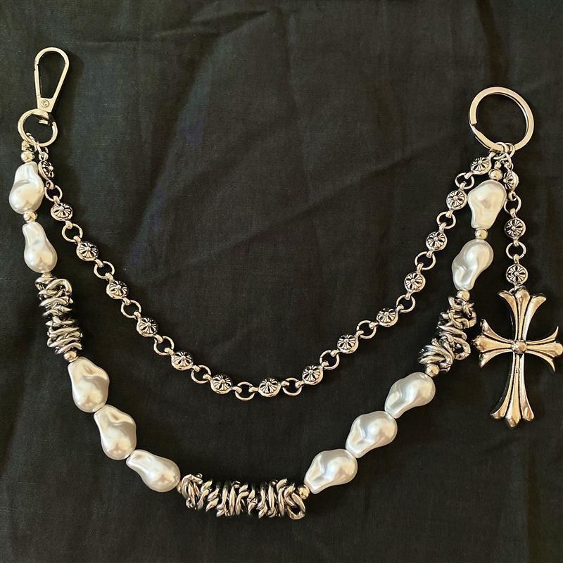 Maišo/pečių dirželis su perlų kryžiaus motyvu ir dvigubo sluoksnio grandine