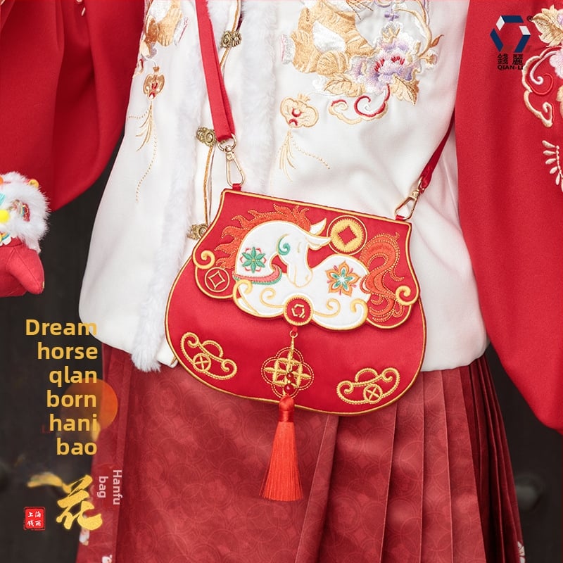 Qianli Hanfu stiilis kott tikandiga, polüester, diagonaalne rihm, kapakuga kott