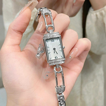 Ceas feminin quartz, cadran pătrat, carcasă și curea din aliaj, coroană plată conică