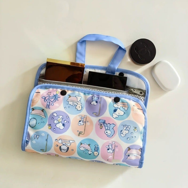 Japāņu stila karikatūras suņa Čārlija motīvs, polka dot, neilona kosmētikas un sejas masku uzglabāšanai, rāvējslēdzēja aizdare, ikdienas lietošanai