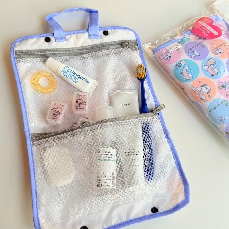 Japāņu stila karikatūras suņa Čārlija motīvs, polka dot, neilona kosmētikas un sejas masku uzglabāšanai, rāvējslēdzēja aizdare, ikdienas lietošanai