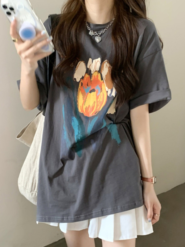 Oversize siva majica s tulipan tiskom, kratki rukavi, srednja duljina, okrugli vrat, ljetni Harajuku stil