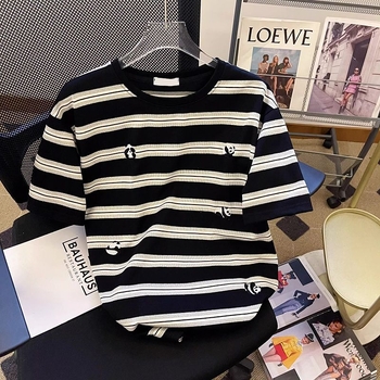 Tricou cu dungi, bumbac, mâneci scurte, guler rotund