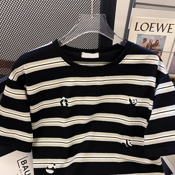 Tricou cu dungi, bumbac, mâneci scurte, guler rotund