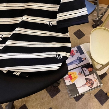 Tricou cu dungi, bumbac, mâneci scurte, guler rotund