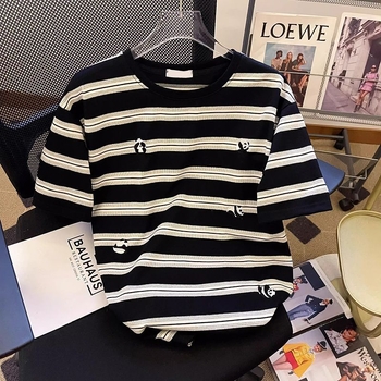 Tricou cu dungi, bumbac, mâneci scurte, guler rotund