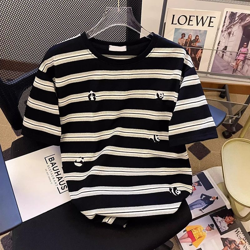 Tricou cu dungi, bumbac, mâneci scurte, guler rotund