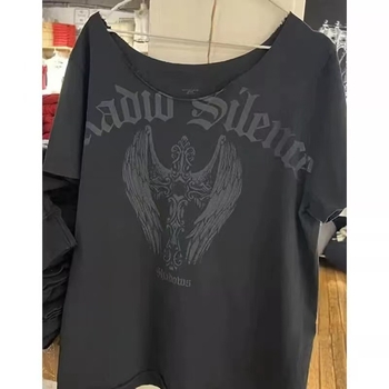 BM stil majica s grubim rubom, print anđelskih krila i slova orla, kratki rukavi, okrugli izrez, ležeran kroj