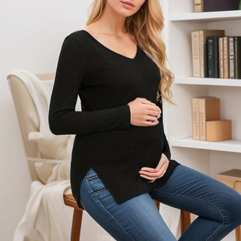 Nėščiųjų palaidinė su ilgesnėmis rankovėmis ir V iškirpte, šoninis įkirpimas, poliesterio ir medvilnės mišinys, puloveris
