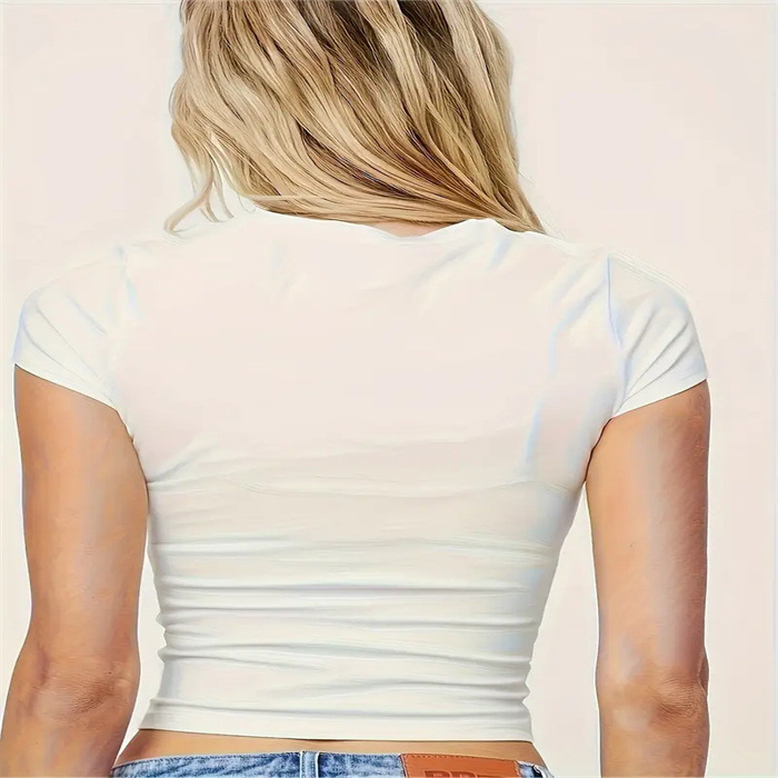 Crop top majica s 3D printom, okrugli izrez, kratki rukavi, poliester, ultra-kratka duljina