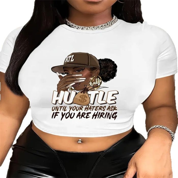 Crop top majica s 3D printom, okrugli izrez, kratki rukavi, poliester, ultra-kratka duljina