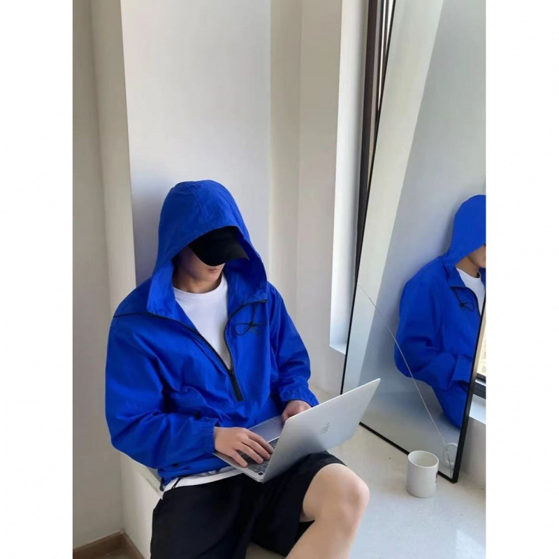 Ανδρικό ελαφρύ μπουφάν με κουκούλα και φερμουάρ, φαρδιά γραμμή, γεωμετρικό σχέδιο, πολυεστερική μείξη, για το καλοκαίρι