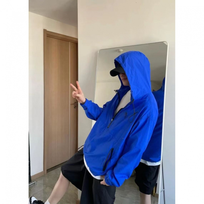 Ανδρικό ελαφρύ μπουφάν με κουκούλα και φερμουάρ, φαρδιά γραμμή, γεωμετρικό σχέδιο, πολυεστερική μείξη, για το καλοκαίρι