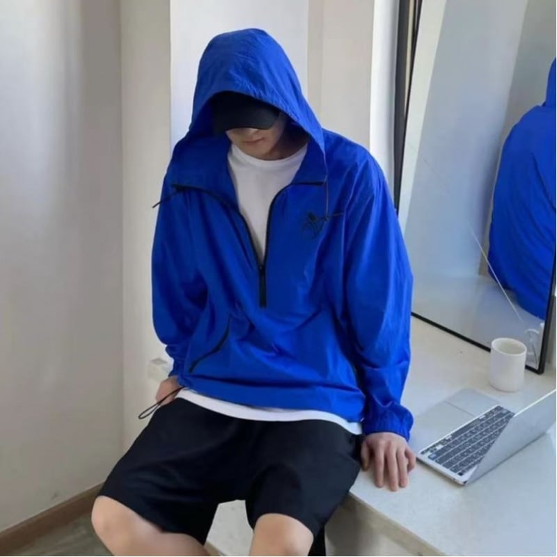 Ανδρικό ελαφρύ μπουφάν με κουκούλα και φερμουάρ, φαρδιά γραμμή, γεωμετρικό σχέδιο, πολυεστερική μείξη, για το καλοκαίρι