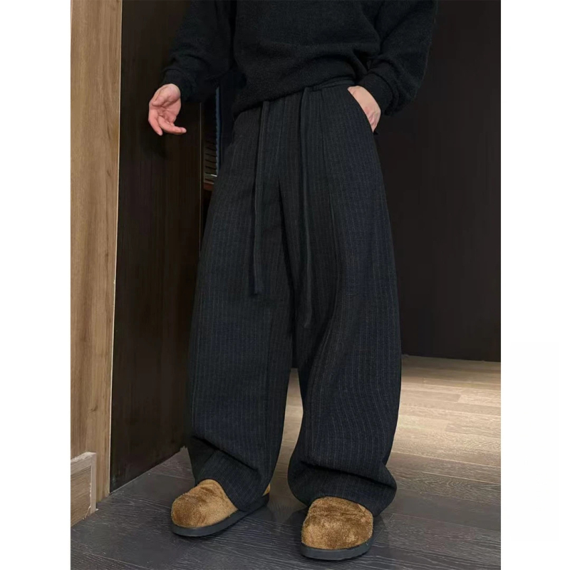 Zimske casual hlače sa šnúrkom i prugama, fleeceom podstavljene, unisex, široke nogavice