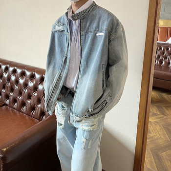 Unisex τζιν σακάκι με distressed look και πλυμένο φινίρισμα, φερμουάρ, μακριά μανίκια