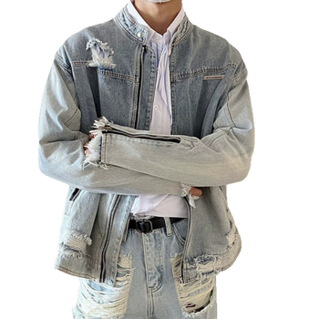 Unisex τζιν σακάκι με distressed look και πλυμένο φινίρισμα, φερμουάρ, μακριά μανίκια