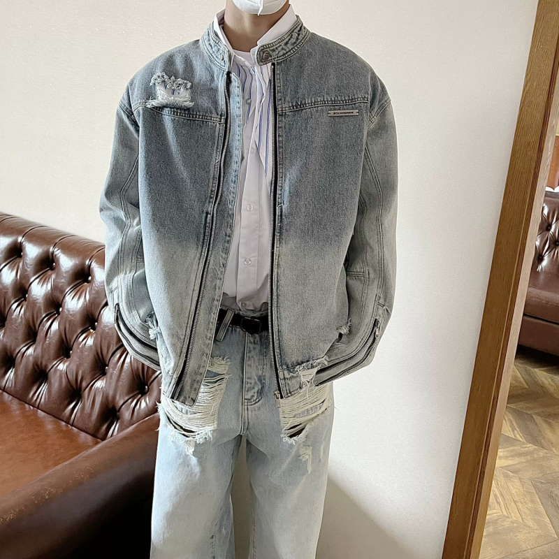 Unisex τζιν σακάκι με distressed look και πλυμένο φινίρισμα, φερμουάρ, μακριά μανίκια