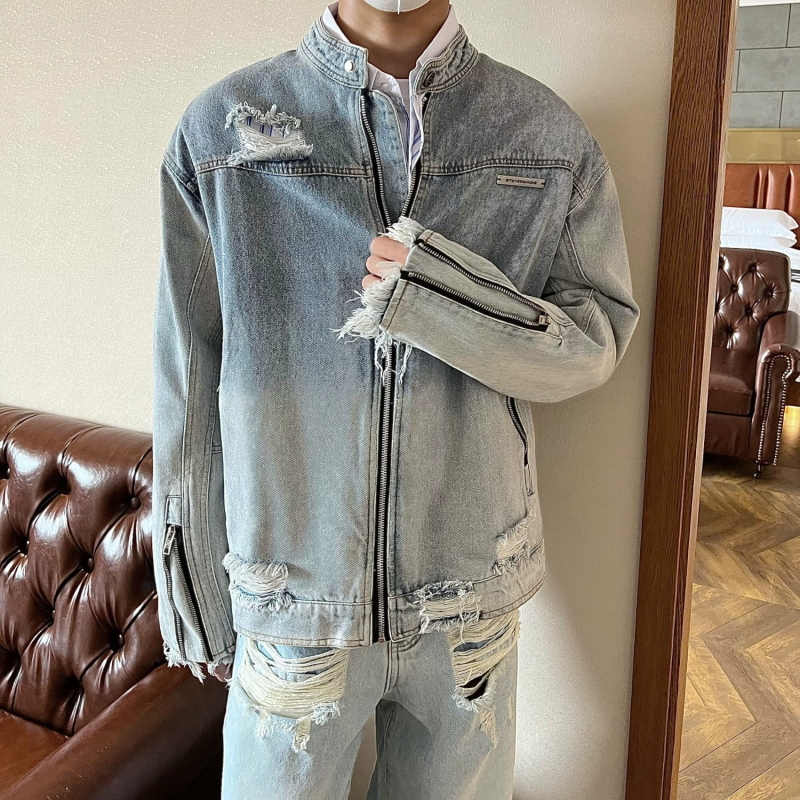 Unisex τζιν σακάκι με distressed look και πλυμένο φινίρισμα, φερμουάρ, μακριά μανίκια