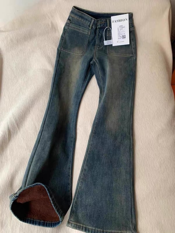 Ženske bootcut traperice, visoki pojas, mikro flare, debela fleec-podstava, denim s udjelom pamuka 50–70%, zimska kolekcija 2025