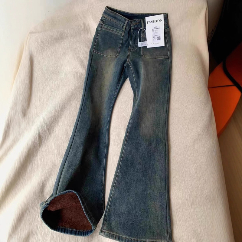 Ženske bootcut traperice, visoki pojas, mikro flare, debela fleec-podstava, denim s udjelom pamuka 50–70%, zimska kolekcija 2025
