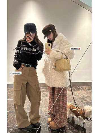 HEYGIRL Винтидж каре полиестерни ежедневни панталони за жени, еластична талия, плътни, с права кройка, есен 2024