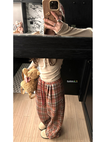 HEYGIRL Винтидж каре полиестерни ежедневни панталони за жени, еластична талия, плътни, с права кройка, есен 2024