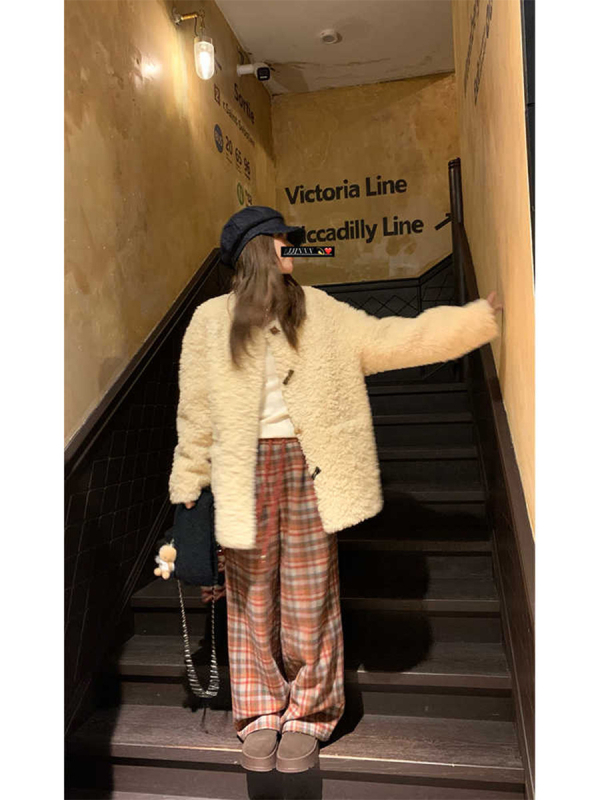 HEYGIRL Винтидж каре полиестерни ежедневни панталони за жени, еластична талия, плътни, с права кройка, есен 2024