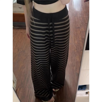 Дамски панталони за ежедневието в корейски стил, контрастни райета, висока талия, прав силует, дълги до пода, есен 2025