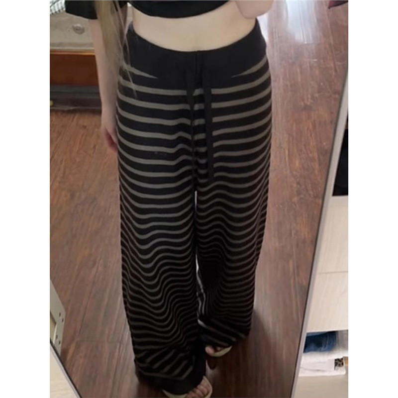 Дамски панталони за ежедневието в корейски стил, контрастни райета, висока талия, прав силует, дълги до пода, есен 2025