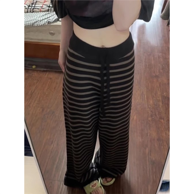 Дамски панталони за ежедневието в корейски стил, контрастни райета, висока талия, прав силует, дълги до пода, есен 2025