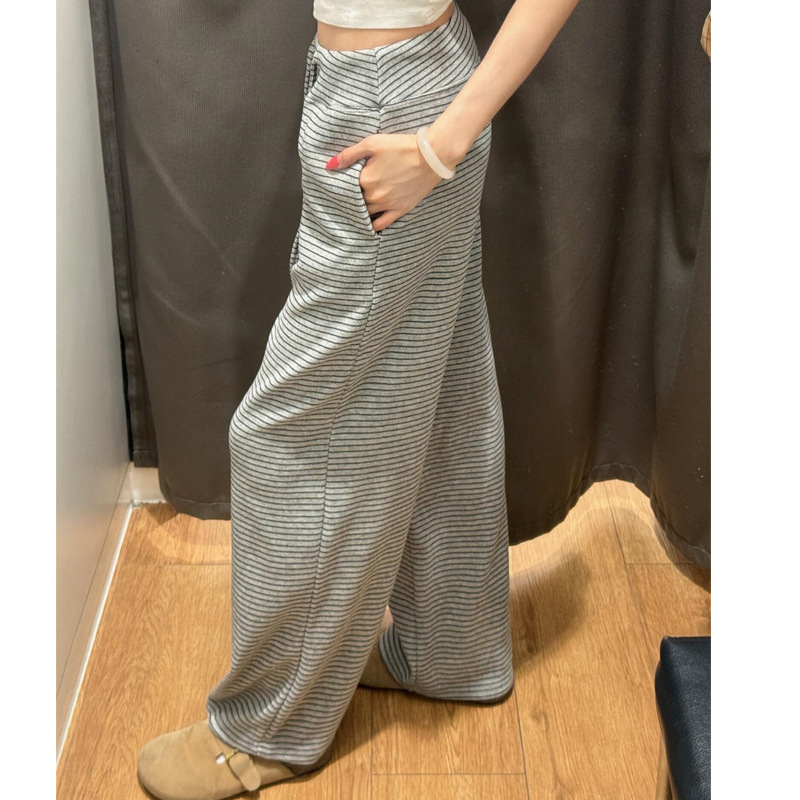Панталони за дами с широки крачоли, сиви райета, висока талия, дълги до пода, есенно-зимни 2025, памучно-полиестерова смес