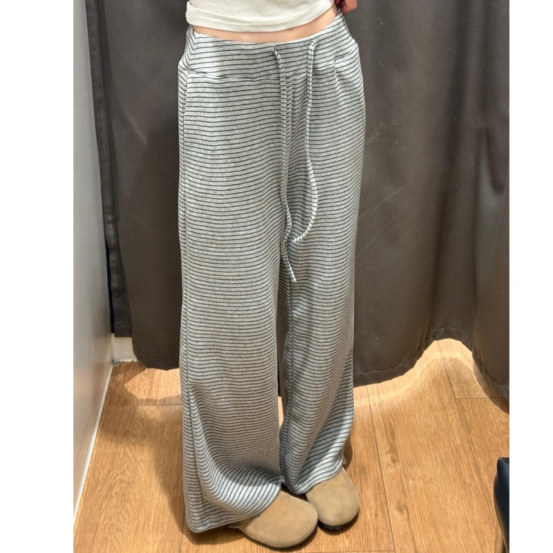 Панталони за дами с широки крачоли, сиви райета, висока талия, дълги до пода, есенно-зимни 2025, памучно-полиестерова смес
