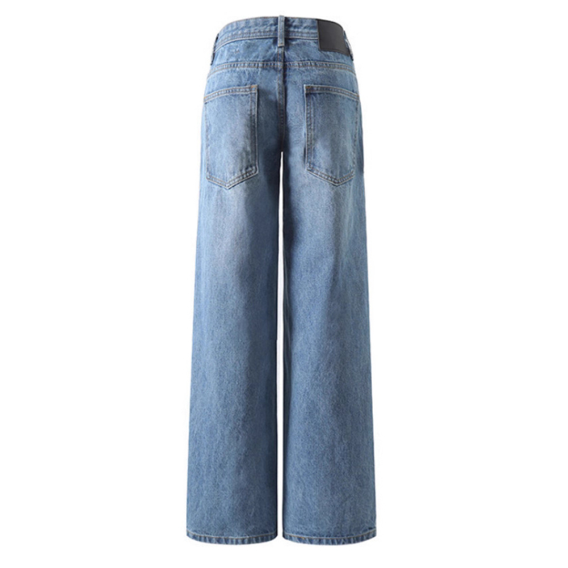 Blugi femei - Spălați, uzură, talie medie-joasă, croială dreaptă, denim din bumbac 95%+