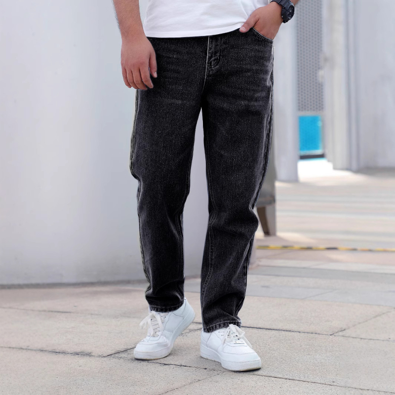 Pánske džínsy rovného strihu, stredná výška pásu, bavlnený denim, kamenné pranie, voľnočasové nosenie pre všetky ročné obdobia.