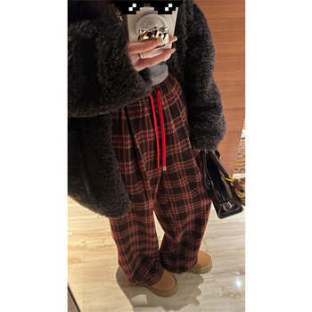 Дамски панталони с висока талия, широки крачоли и каре принт, връзка за талия, ежедневни, смес памук-полиестер, микроеластичност, есен 2024