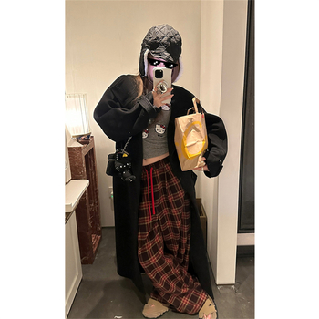 Дамски панталони с висока талия, широки крачоли и каре принт, връзка за талия, ежедневни, смес памук-полиестер, микроеластичност, есен 2024