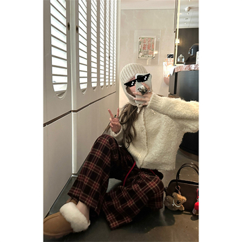 Дамски панталони с висока талия, широки крачоли и каре принт, връзка за талия, ежедневни, смес памук-полиестер, микроеластичност, есен 2024