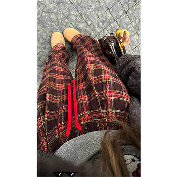 Дамски панталони с висока талия, широки крачоли и каре принт, връзка за талия, ежедневни, смес памук-полиестер, микроеластичност, есен 2024